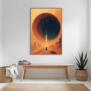 May include: A digital art print depicting a solitary figure standing in a desert landscape, gazing upwards at a large, dark, circular object in the sky. The object is encircled by a ring of light, and a beam of light descends from its centre, illuminating the figure.