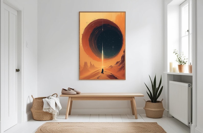 May include: A digital art print depicting a solitary figure standing in a desert landscape, gazing upwards at a large, dark, circular object in the sky. The object is encircled by a ring of light, and a beam of light descends from its centre, illuminating the figure.