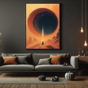 May include: A digital art print depicting a solitary figure standing in a desert landscape with a large, dark, circular opening in the sky above. The opening is surrounded by a bright orange glow, and a beam of light shines down from the sky.