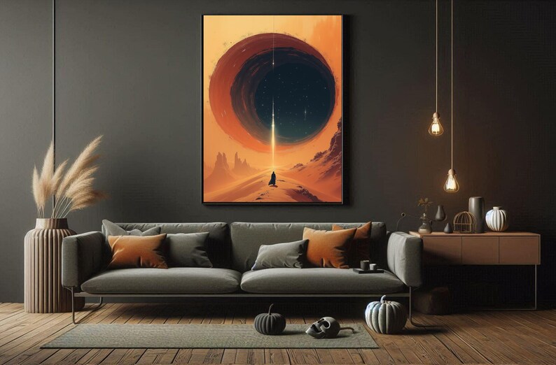 May include: A digital art print depicting a solitary figure standing in a desert landscape with a large, dark, circular opening in the sky above. The opening is surrounded by a bright orange glow, and a beam of light shines down from the sky.
