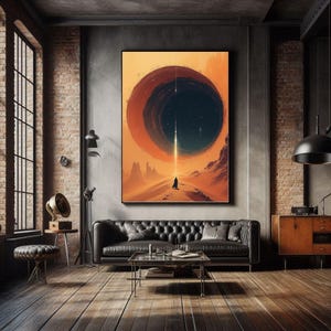 Abstrakte Dünen-inspirierte Sci-Fi Wüste Kunstdruck, Sanddünen, digital druckbare Wandkunst, warme Töne, festliche Wohnkultur
