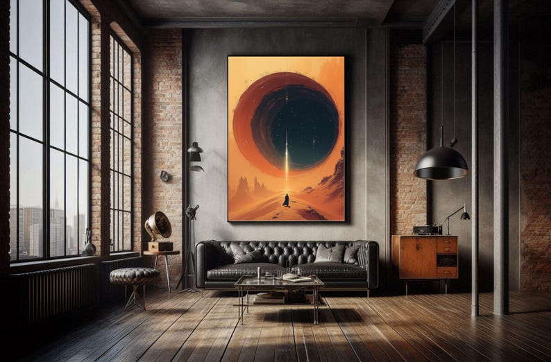 May include: A digital art print depicting a solitary figure standing on a desert landscape, gazing upwards at a vast black hole in the sky. The sky is a gradient of orange and yellow, with stars visible within the black hole.