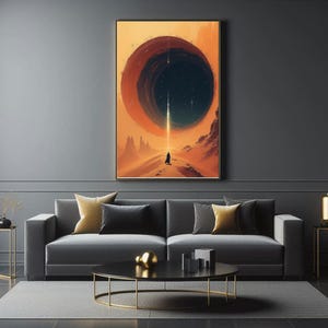 May include: A digital art print depicting a dark, circular void against a bright orange sky. A solitary figure stands in the desert, gazing up at the void.