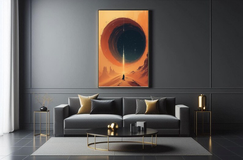 May include: A digital art print depicting a dark, circular void against a bright orange sky. A solitary figure stands in the desert, gazing up at the void.