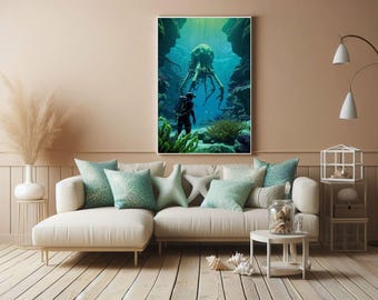 Subnautica Vibrant Scene Poster Digital, Gaming Wall Art, Deep Sea Exploration, Eerie Sea Scene, Diving Poster, Underwater Horror Encounter
