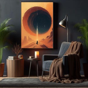 May include: A digital art print depicting a dark, circular void with stars in the background. A solitary figure stands in the foreground, facing the void, on a desert landscape.