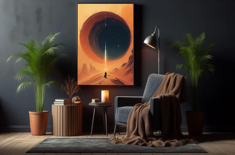 May include: A digital art print depicting a dark, circular void with stars in the background. A solitary figure stands in the foreground, facing the void, on a desert landscape.