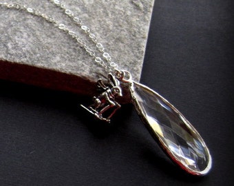 Sterling Silver Clear Quartz Ski Bunny Necklace - Modern Sterling Silver Necklace - Ski Lover Gift - Winter Necklace - Unique Ski Gift