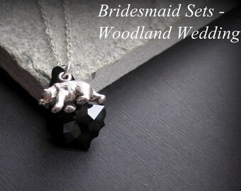 Bridesmaid Necklace Sets -  Sterling Silver Crystal Bear Necklaces -Black -Bridesmaid Country Rustic  Wildlife  Nature Inspired  Wedding