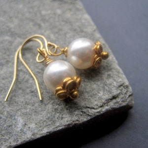 Bridal Earrings White Pearl Earrings Gold Classic Pearl Earrings Bridal Earrings Special Occasion Everyday Simple Delicate image 1