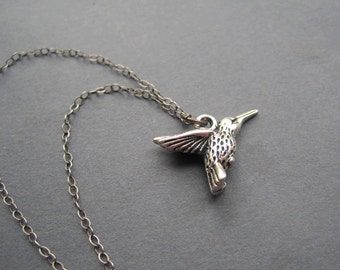 Hummingbird Necklace - Oxidized Sterling Silver Hummingbird  Necklace - Pewter - Bird Necklace - Nature Inspired - Outdoor -Bird Lover Gift