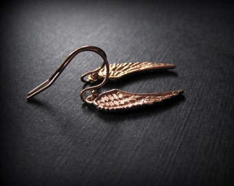 Rose Gold Angel Wing Earrings  -  Minimal  - Rose Gold Jewelry - Tiny Angel Wing - Everyday - Delicate - Simple - Rustic - Lightweight