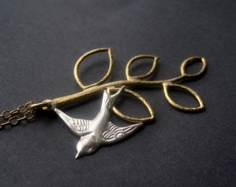 Gold Branch Bird Necklace  -  Branch - Nature Inspired  - Gold Modern Everyday - Unique - Two Toned - Everyday Simple - Bird Lover Gift