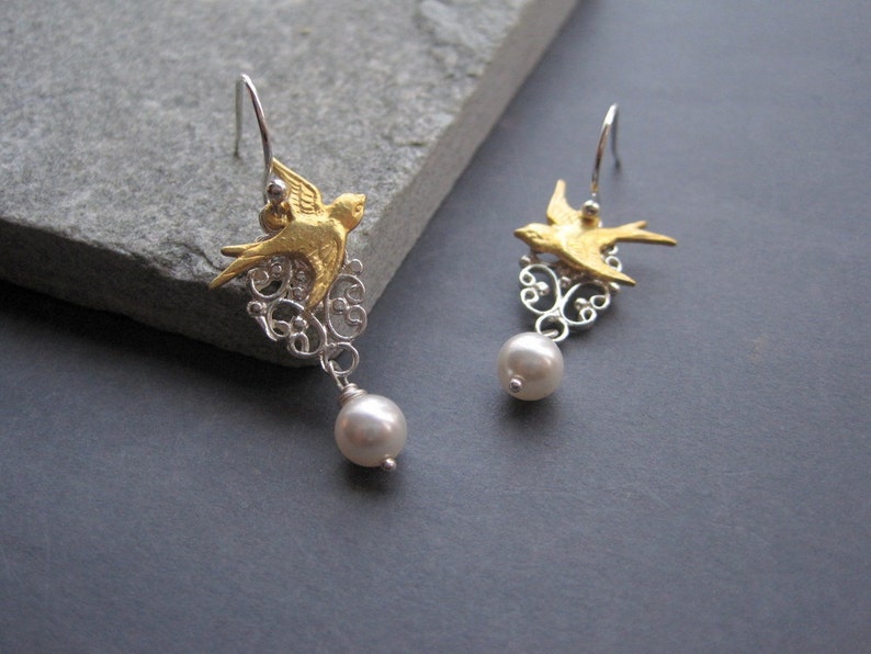 Delicate Unique Nature Inspired Earrings Bridal Bird Pearl Earrings Bird Lover Gift Vintage Inspired Gold Bird Earrings
