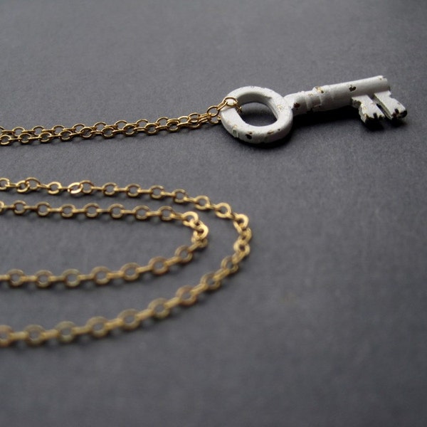 Gold Skeleton Key Necklace - Vintage Skeleton Key Necklace - Distressed White  - Shabby Chic Necklace