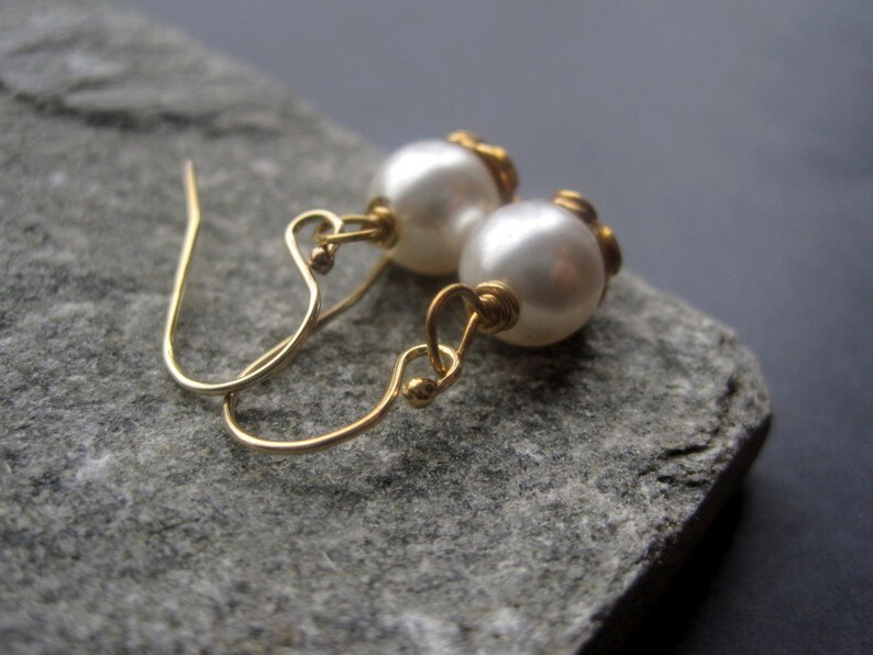 Bridal Earrings White Pearl Earrings Gold Classic Pearl Earrings Bridal Earrings Special Occasion Everyday Simple Delicate image 2