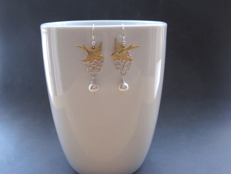 Delicate Unique Nature Inspired Earrings Bridal Bird Pearl Earrings Bird Lover Gift Vintage Inspired Gold Bird Earrings
