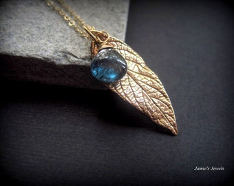 Gold Leaf Necklace -Bronze Leaf Gemstone Necklace - Blue Gemstone Necklace - Gold Rustic Necklace - Modern Gold Necklace