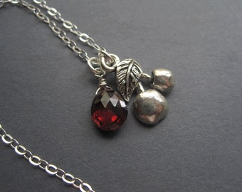 Silver Cherry Necklace - Silver Garnet Briolette Necklace - Modern Gemstone Necklace