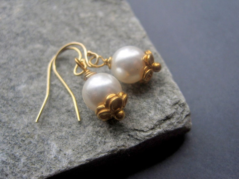 Bridal Earrings White Pearl Earrings Gold Classic Pearl Earrings Bridal Earrings Special Occasion Everyday Simple Delicate image 1