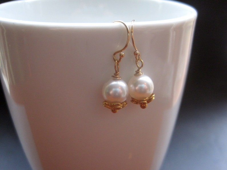 Bridal Earrings White Pearl Earrings Gold Classic Pearl Earrings Bridal Earrings Special Occasion Everyday Simple Delicate image 4