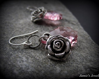 Rose Earrings - Sterling Silver Rose Earrings - Pink Crystal Earrings - Valentine's Day Earrings - Pink Earrings