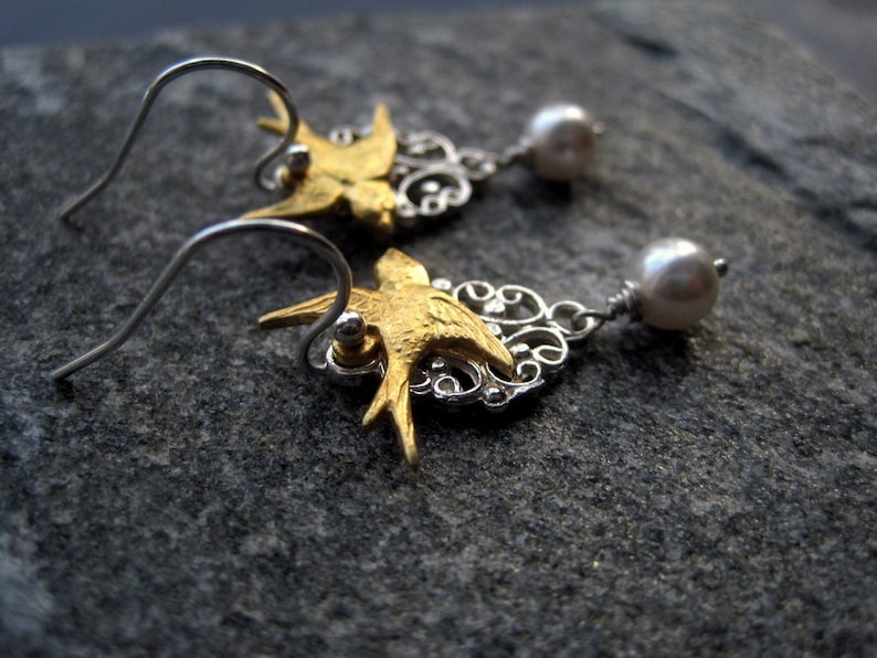 Delicate Unique Nature Inspired Earrings Bridal Bird Pearl Earrings Bird Lover Gift Vintage Inspired Gold Bird Earrings