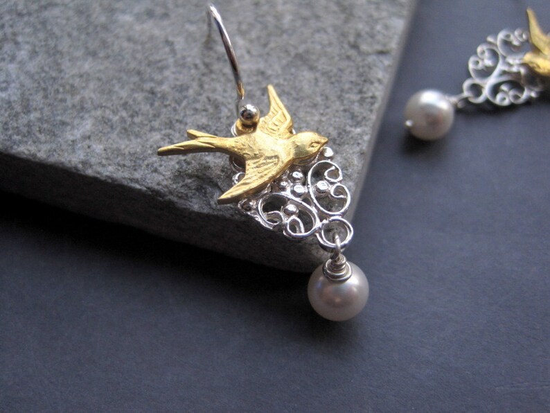 Delicate Unique Nature Inspired Earrings Bridal Bird Pearl Earrings Bird Lover Gift Vintage Inspired Gold Bird Earrings