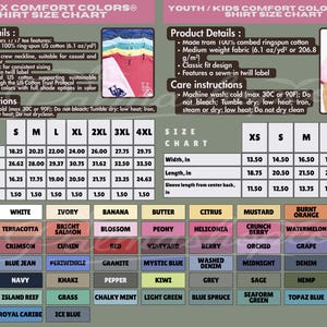 a detailed chart and product descriptions for various shirt sizes and colors, including youth, kids, and comfort colors.