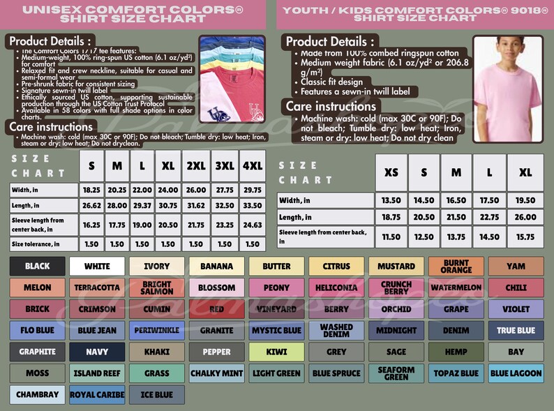a detailed chart and product descriptions for various shirt sizes and colors, including youth, kids, and comfort colors.
