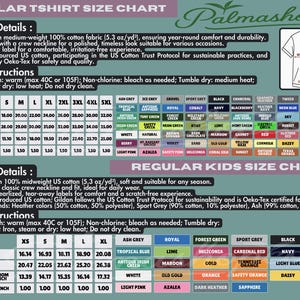 a detailed chart for regular t-shirt sizes, including product details, care instructions, and regular kids size charts. The chart provides specific measurements and color options for different shirt sizes, as well as instructions for washing, drying, and caring for the shirts. The chart is designed to help customers choose the appropriate size and color for their needs, ensuring a comfortable and enjoyable t-shirt-wearing experience.