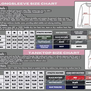 a detailed size chart for a long sleeve shirt, including product details, care instructions, and a tank top size chart. The chart provides measurements and descriptions for various sizes and styles of long sleeve shirts, as well as tank top sizes. The chart is designed to help customers choose the appropriate size and style of clothing based on their body type and preferences.