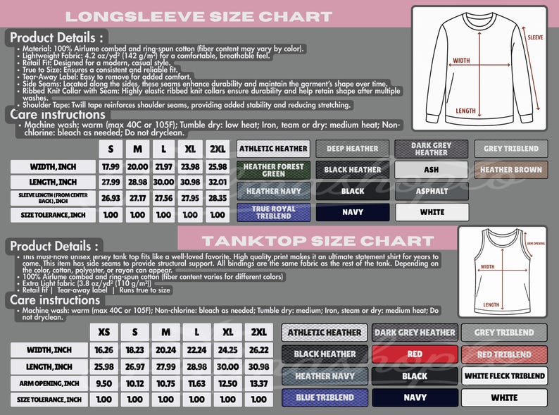 a detailed size chart for a long sleeve shirt, including product details, care instructions, and a tank top size chart. The chart provides measurements and descriptions for various sizes and styles of long sleeve shirts, as well as tank top sizes. The chart is designed to help customers choose the appropriate size and style of clothing based on their body type and preferences.