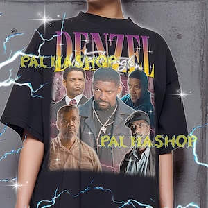 Könnte beinhalten: Schwarzes T-Shirt mit einer Grafik von Denzel Washington und dem Text "DENZEL PALMASHOP". Das T-Shirt hat einen Rundhalsausschnitt und kurze Ärmel. Das Design enthält Bilder von Denzel Washington in verschiedenen Rollen.