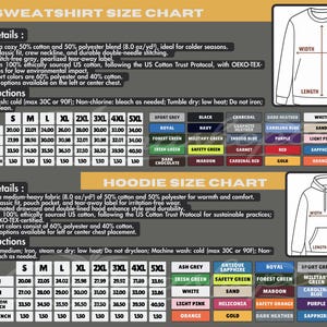 a detailed chart that provides information about the sizes and product details of a sweatshirt, including measurements and color options.