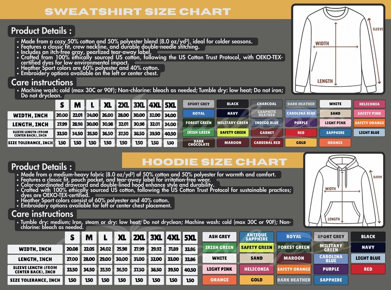 a detailed chart that provides information about the sizes and product details of a sweatshirt, including measurements and color options.