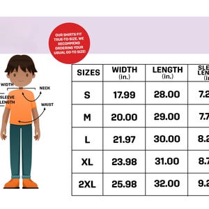 May include: Size chart for shirts with measurements in inches for width, length, and sleeve length. Sizes include S, M, L, XL, and 2XL.