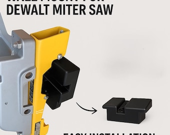 May include: A yellow and silver wall mount for a DeWalt mitre saw with black components. The text reads WALL MOUNT FOR DEWALT MITRE SAW and EASY INSTALLATION. A black block is shown detached from the main yellow assembly with a curved arrow.