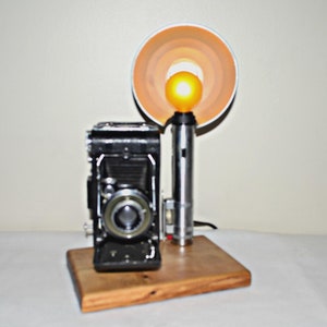 Upcycled Vintage Antique Expanding Camera Light on Wood Base Table Lamp Night Light with Golden Topaz Light Bulb in Flash Attachment