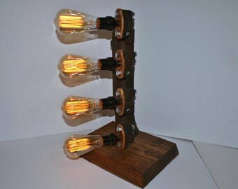 Steampunk Table Lamp Industrial Accent Lamp Table top Light ~ Man Cave Style ~ 3 Gears on a wood base with 3 Unique Edison Style Light Bulbs
