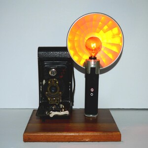 Upcycled Vintage Antique Expanding Camera Light on Wood Base Table Lamp Night Light with Golden Topaz Light Bulb in Flash Attachment