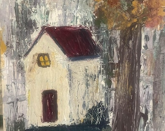 Autum Cottage Beneath the Old Oak acrylic painting: Palette Knife Painting on 9x13 wood
