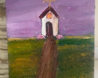The Little White Church on a Hill - Created on 5x7 wood panel with acrylic paint.