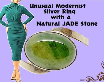 Unusual 1950s Modernist Silver Ring with a Natural Jade Stone