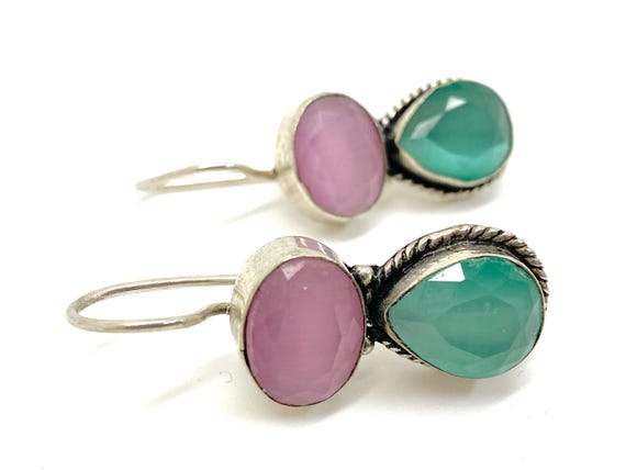 Ruby & Emerald 925 Silver Earrings - Indian Gemst… - image 6