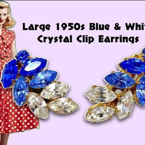 Oversize 1950s Blue & White Crystal Clip Earrings