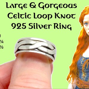 Puede incluir: Anillo de plata con diseño de nudo celta. La talla del anillo es EU 62 1/2. La imagen incluye el texto "Large & Gorgeous Celtic Loop Knot 925 Silver Ring."