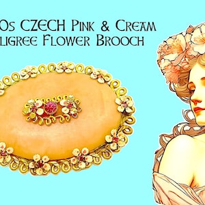 Original 1920s Czech Pink and Cream Crystal Rhinestone Filigree Brooch