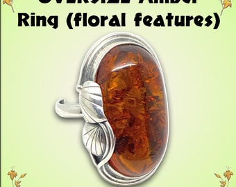Oversize Honey Amber Ring with Leaf Detail