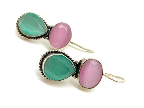 Ruby & Emerald 925 Silver Earrings - Indian Gemst… - image 9